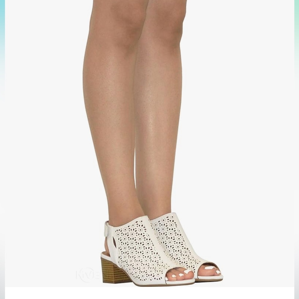 White perforated block chunky heel sandal